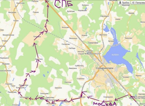 Схема объезда Солнечногорска, трасса Москва Петербург